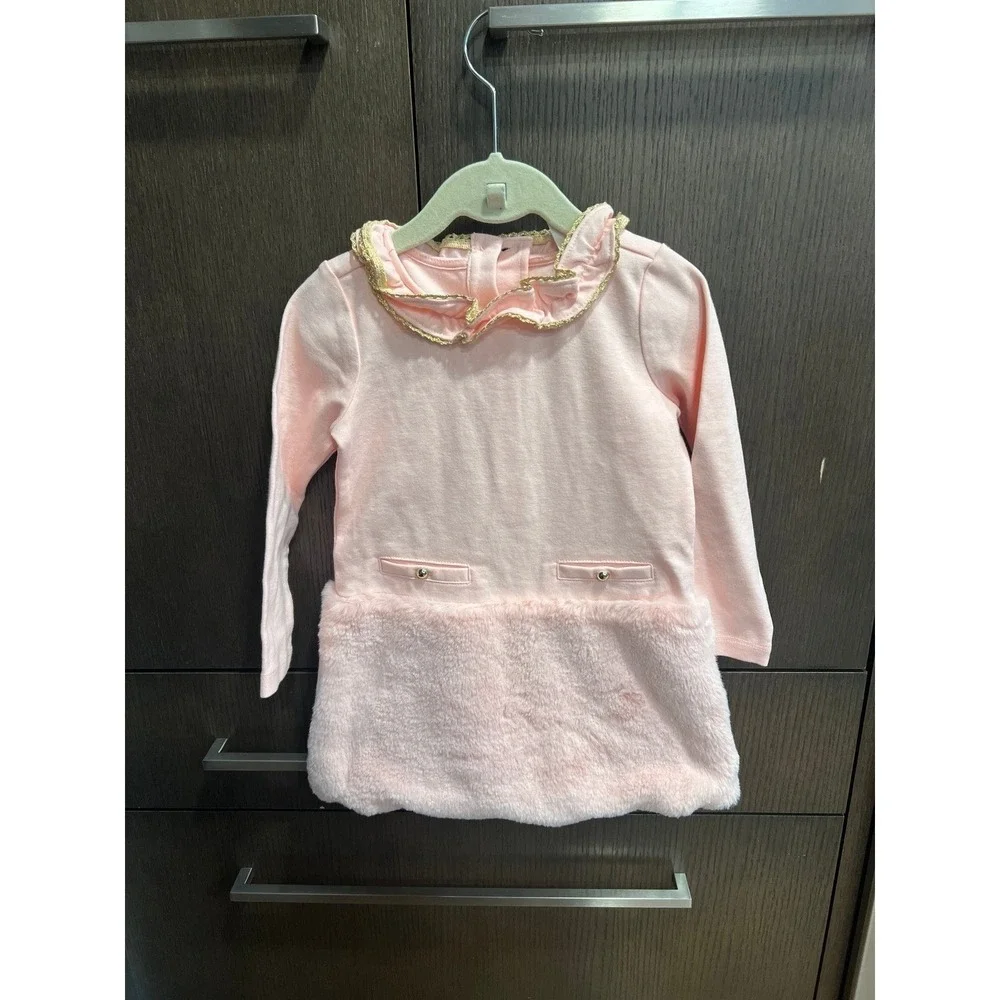 Janie and Jack Faux‎ Fur Dropwaist Ponte Dress in coral blush/pink 2T